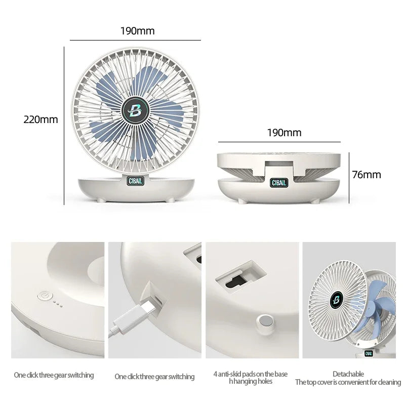 2IN1 Folding Desktop Fan Portable Air Conditioner Wall Mounted Fan Rechargeable with 3 Gears for Home Office