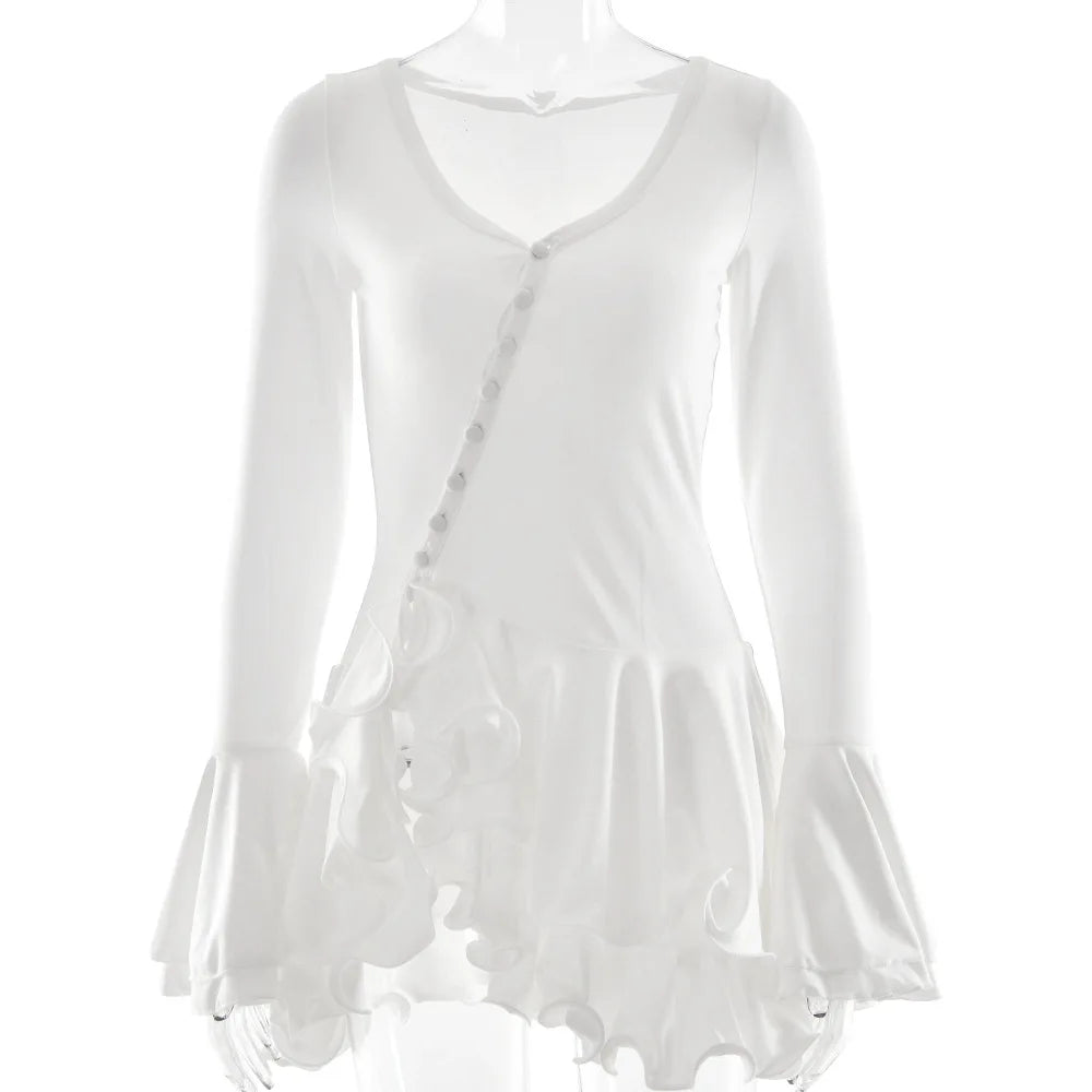 Flare Sleeve Ruffle Sexy V Neck Mini Dress Women Robe Irregular Single-breasted High Waist Slim A-line Club Dress