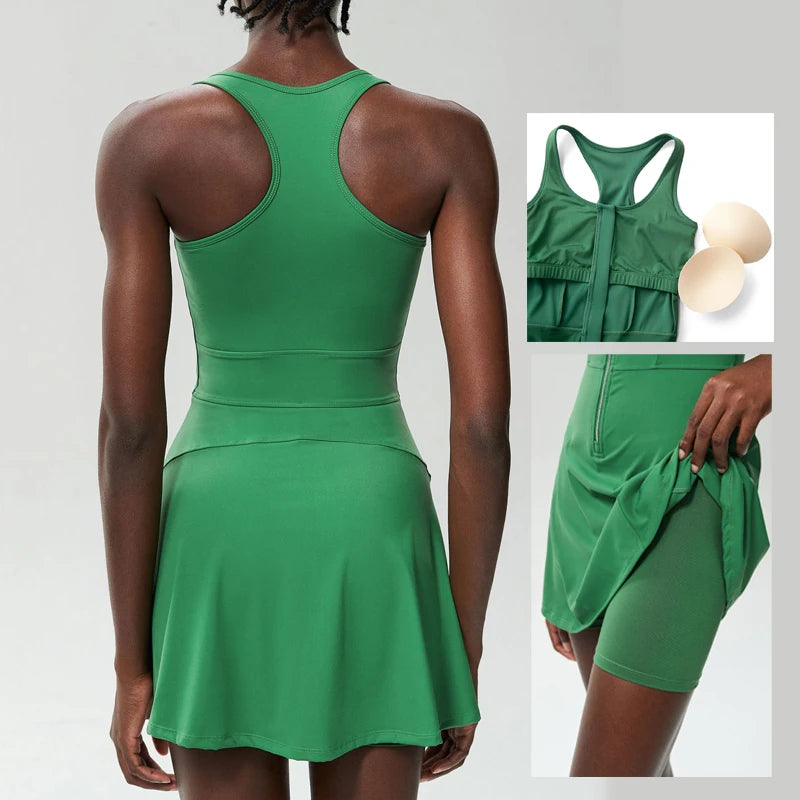 One Piece Tennis Dress Women Summer Solid Color Outdoor Running Skirt