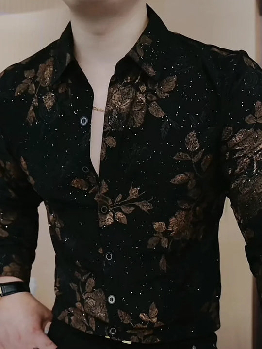 New Long-sleeved Printed Lapel Shirt Versatile Men Fashionable Thick Korean Button Sequins