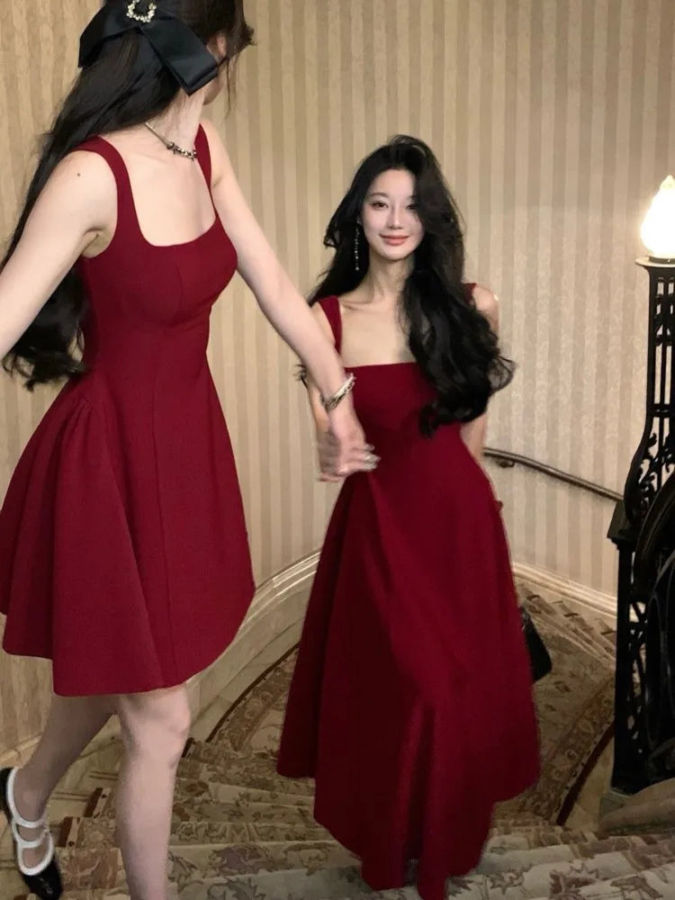 2024 Summer Solid Midi Dress Women French Elegant Holiday Party