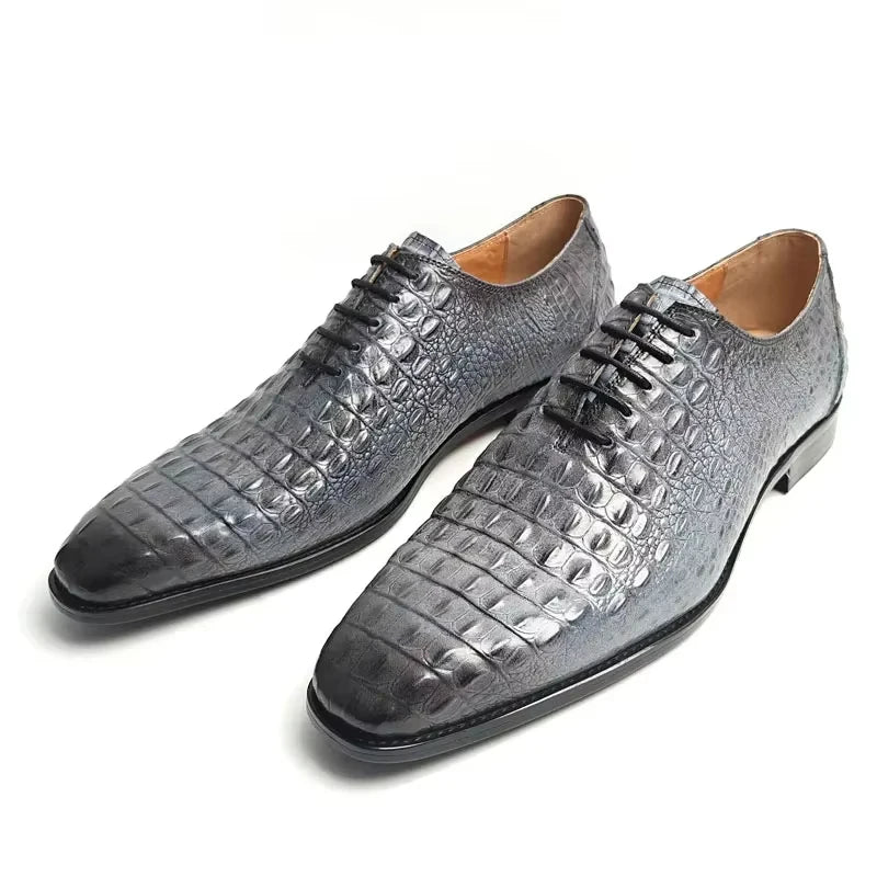 Deluxe Leather Shoes Crocodile Pattern Lace Up Wedding Shoes for Men Business Casual Leather Shoes Round Toe Height Increasing