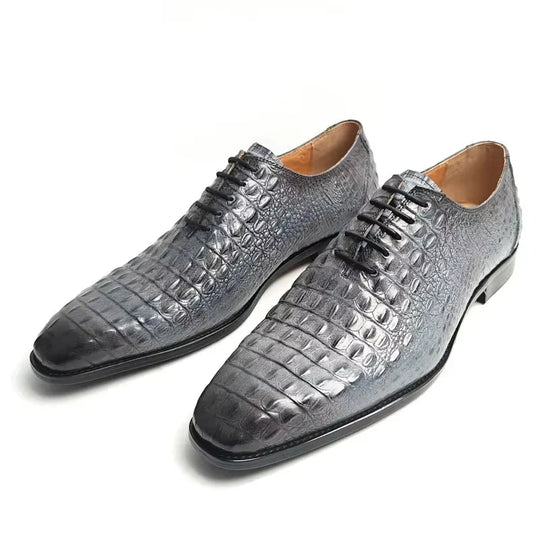 Deluxe Leather Shoes Crocodile Pattern Lace Up Wedding Shoes for Men Business Casual Leather Shoes Round Toe Height Increasing