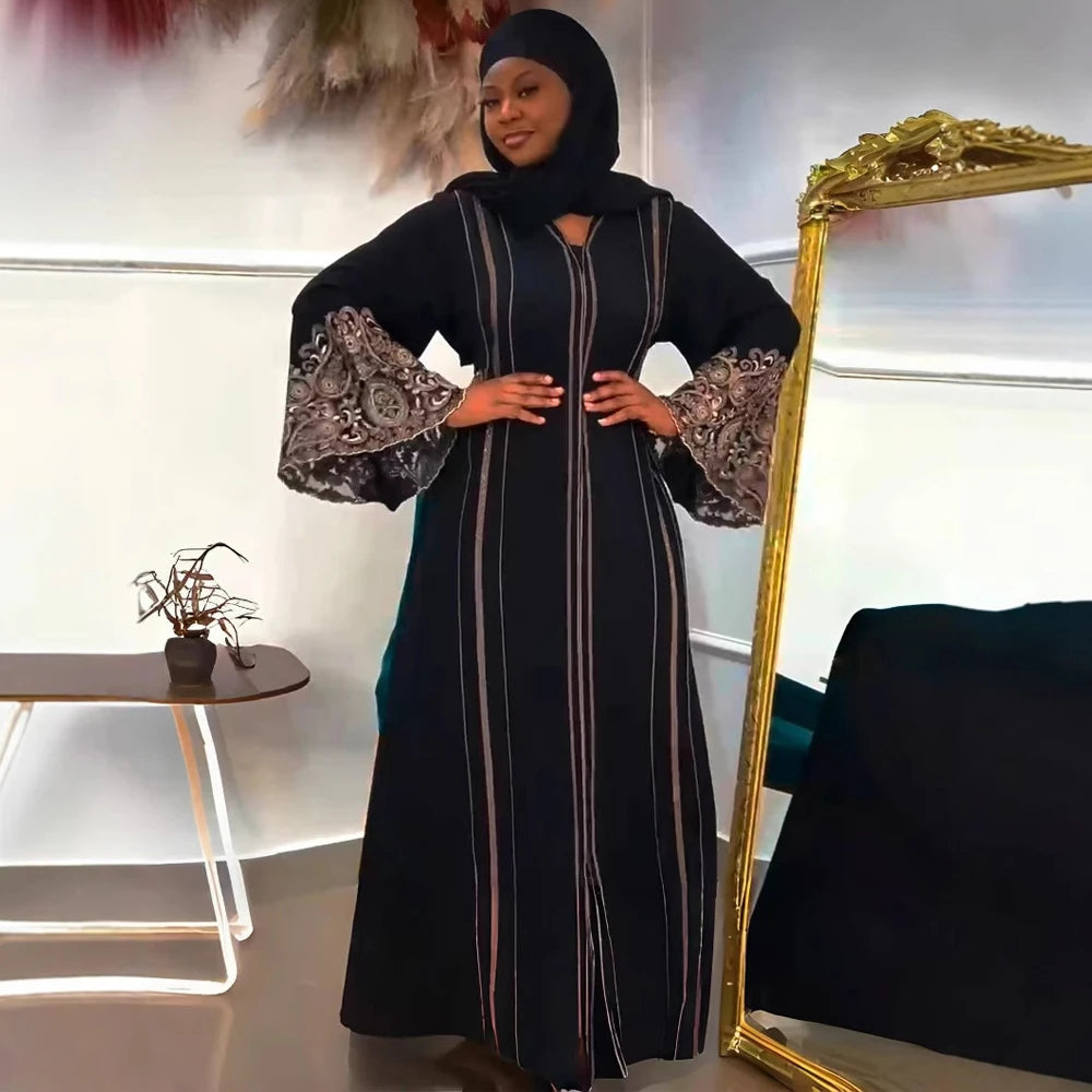 African Traditional Dresses For Women Plus Size Hijab Abayas Dubai Party Dress Clothing Dashiki Embroidery Long Sleeve Maxi Robe
