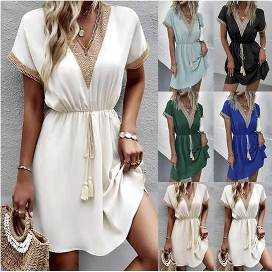 Elegant Women's White Dresses 2023 Summer Solid Short Sleeve Lace
