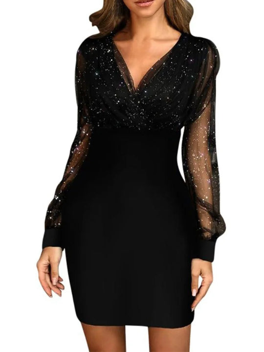 Sexy V-Neck See Through Long Sleeve Dress Women Spring Autumn Party