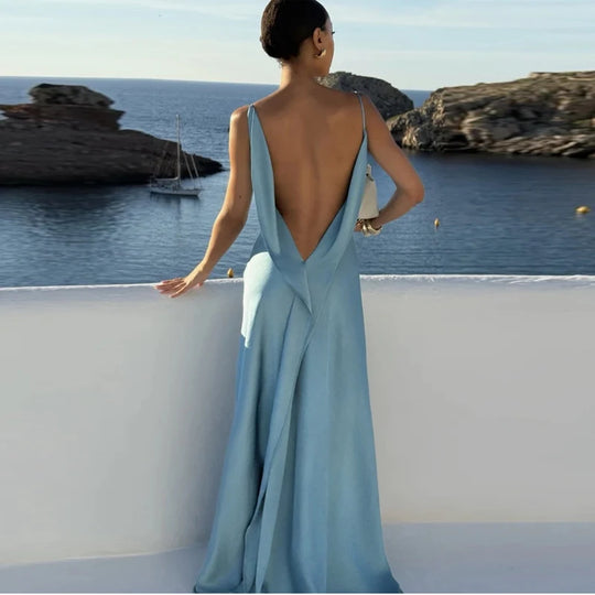 Elegant Split Women' s Dresses Solid Square Collar Backless Sleeveless Long Dress Female 2025 Summer Party Evening Robes