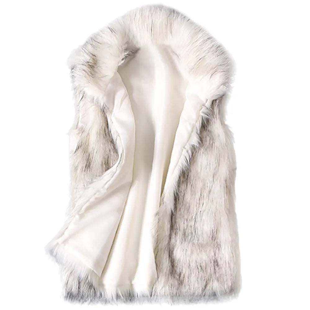 Winter Women's Vest Coat Wool Vest Faux Fur Vest Stand Collar Faux Fur