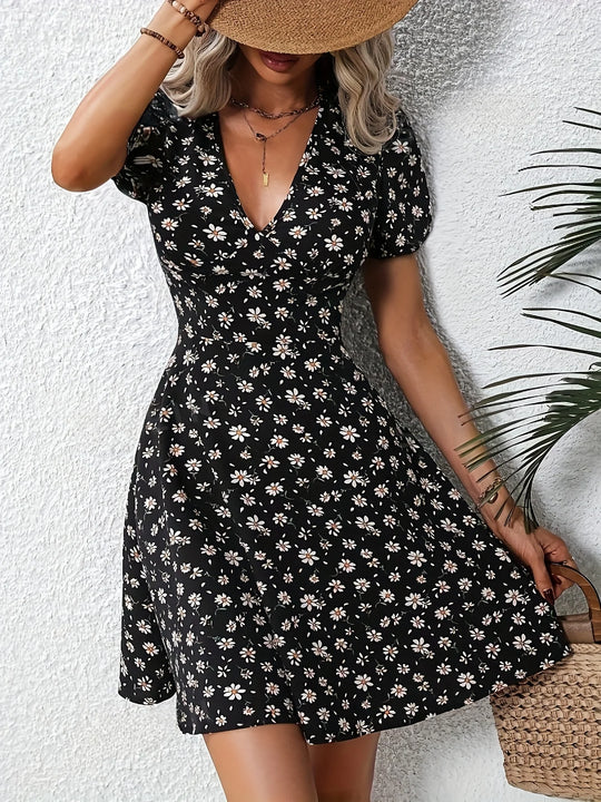 New Summer Women's Elegant Floral Printed Dress Casual Vacation Sweet V Neck Puff Sleeve Dresses