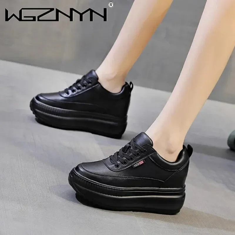 2024 Designer Platform Wedge Female Women 8CM Heels Sneakers Chunky Spring Autumn Shoes Women Genuine Leather Casual Black Shoes