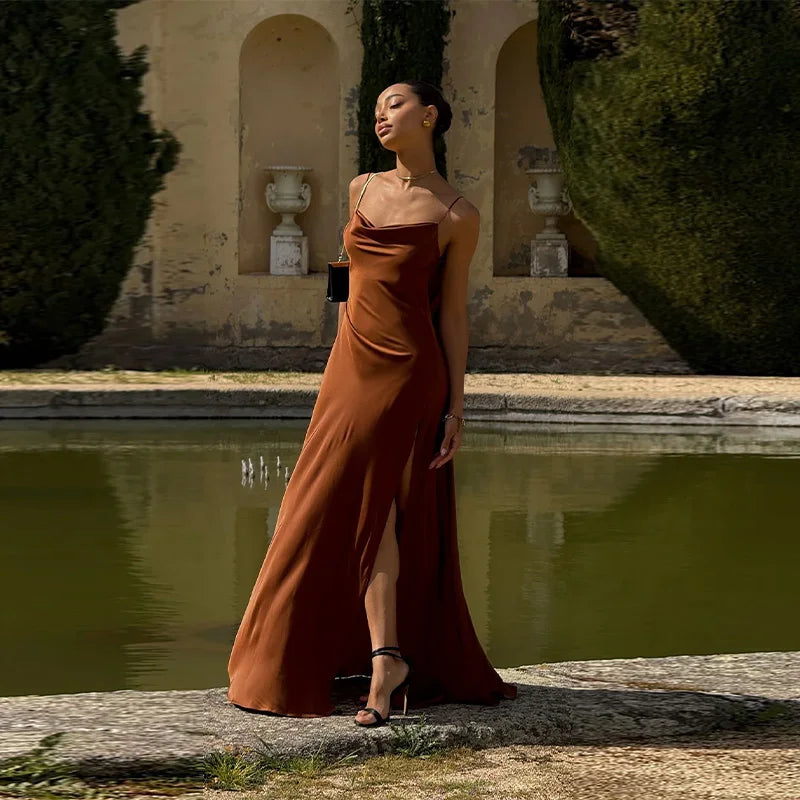 Elegant Split Women' s Dresses Solid Square Collar Backless Sleeveless Long Dress Female 2025 Summer Party Evening Robes