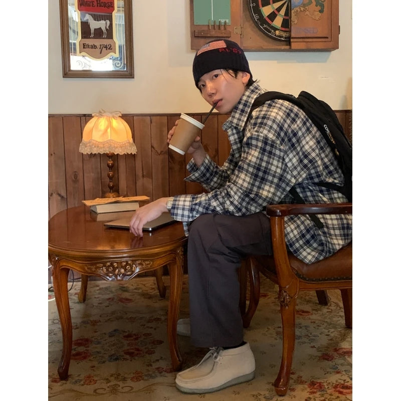 Oversized Men's Plaid Long Sleeve Korean Style Shirt, Trendy Loose Plaid Shirt, Handsome Jacket, Unisex American Retro Plaid