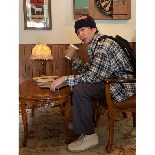 Oversized Men's Plaid Long Sleeve Korean Style Shirt, Trendy Loose Plaid Shirt, Handsome Jacket, Unisex American Retro Plaid