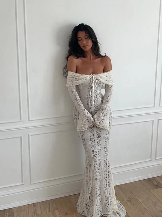 Lace Hollow Out One-shoulder Slim Long Dress For Women Solid Lace Up