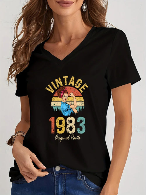 Women T-Shirt 1985 Vintage 1980 to 1989 V-Neck Loose Tops Birthday