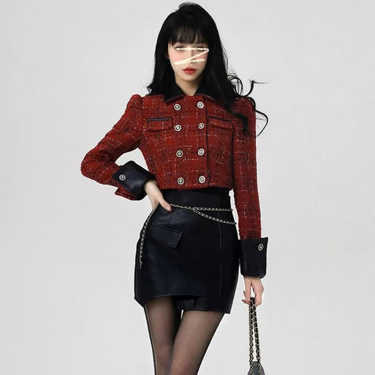 Vintage Cropped Tweed Jacket Women Elegant Blazers Korean Patchwork