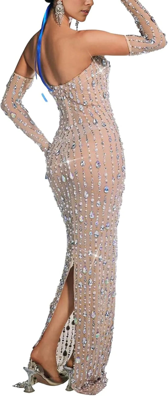 Women's Hot Drilling Craft Sexy Long Sleeve Mesh See Through Sequined Party Club Night Rhinestone Dress