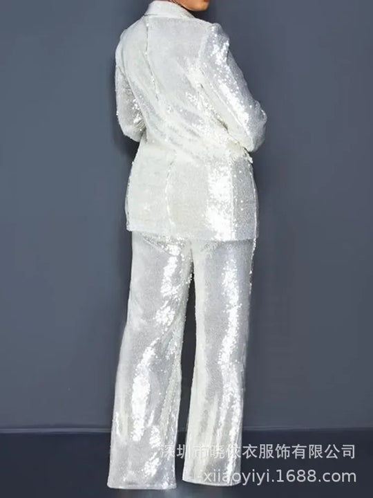 Women Two Piece Sets Sequin Blazer V Neck Full Sleeve Coats