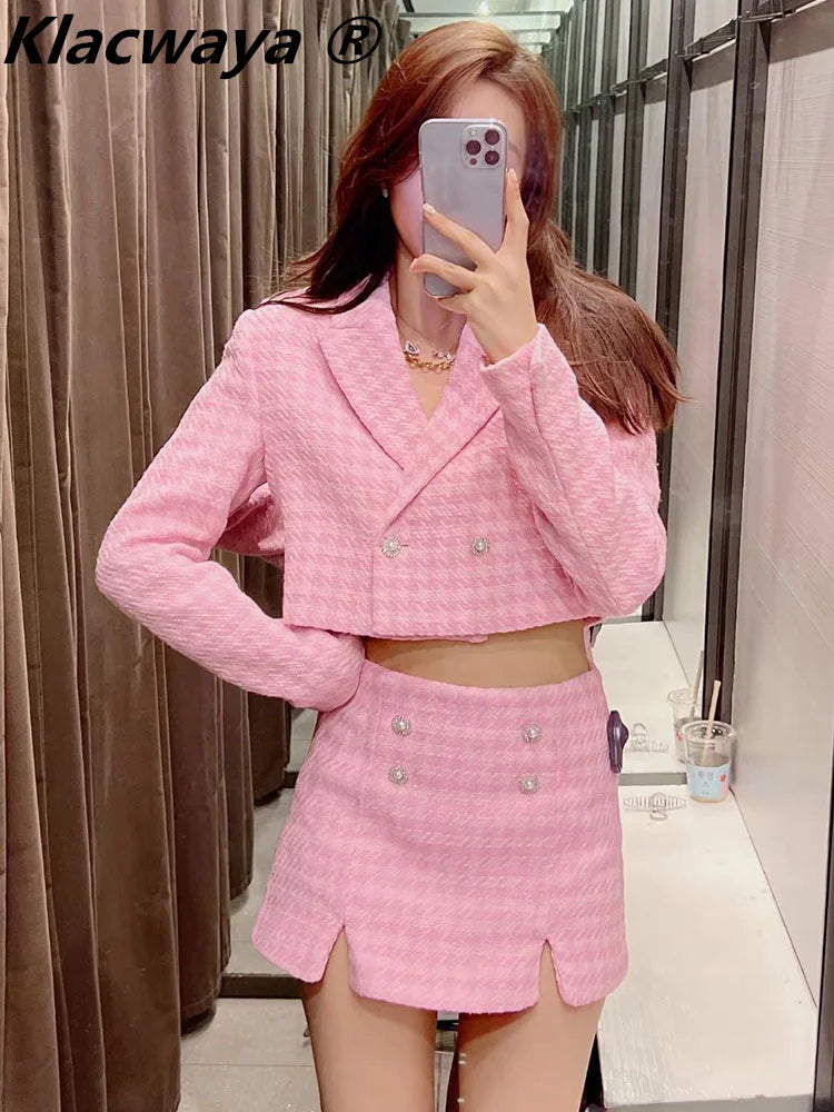 Klacwaya Tweed Set 2 Piece Chic Blazer Women Suit Shorts Sets Women