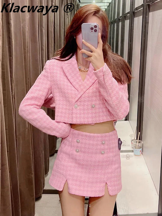 Klacwaya Tweed Set 2 Piece Chic Blazer Women Suit Shorts Sets Women