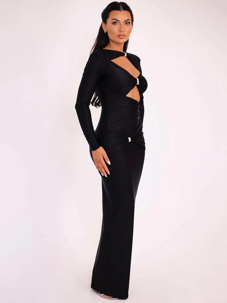 Mozision Elegant Hollow Out Long Sleeve Sexy Maxi Dress For Women