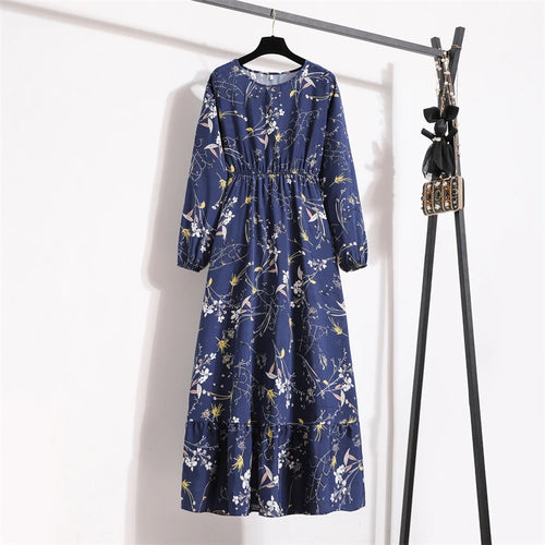 Spring Summer Women Maxi Dresses Casual Full Sleeve Floral Printed