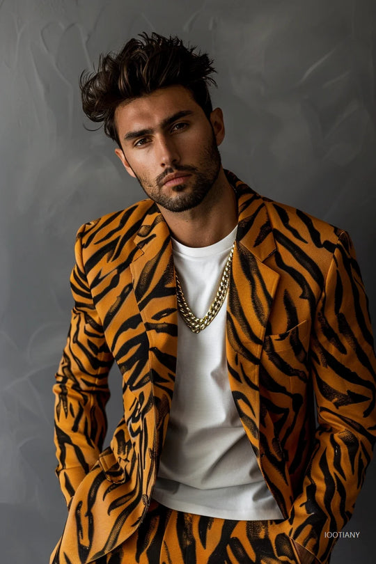Fashion American Slim Men's Suit Men's Leopard Print Suit Casual Party Crocodile Suit Jacket Coat Bar Wedding Performance Set