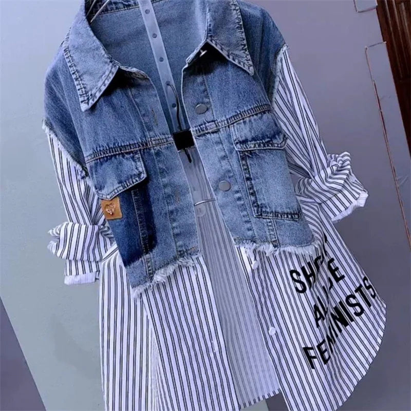 Fashion Striped Denim Jacket Women's Spring/Summer 2024 New Design