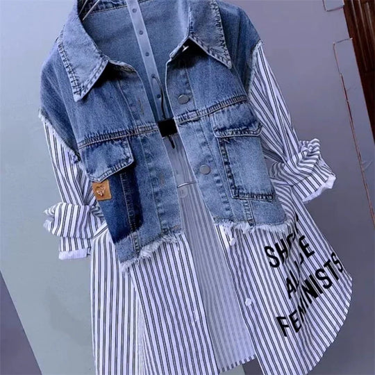 Fashion Striped Denim Jacket Women's Spring/Summer 2024 New Design