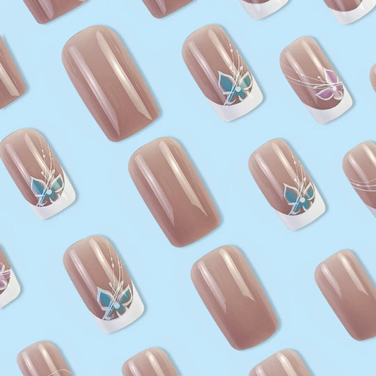 24pcs/set short saure fake nails for Spring summer season french style flowers butterfly design press on false nail art tips