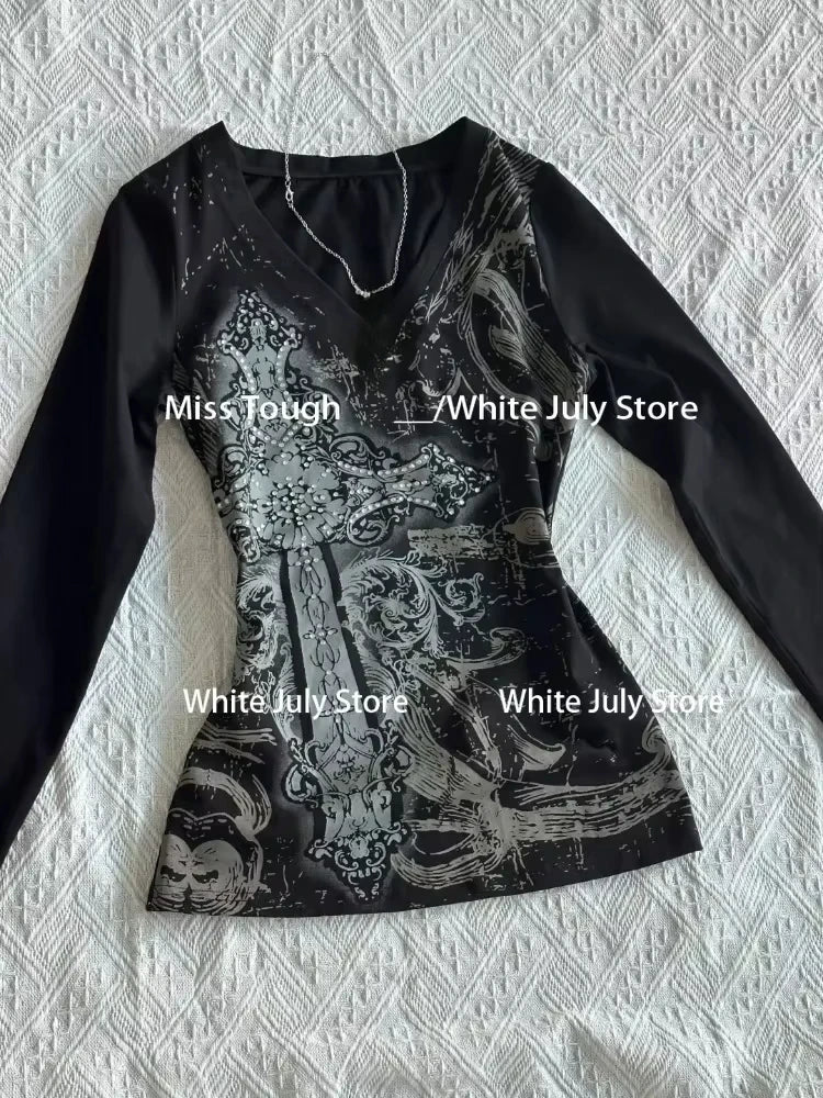Black Vintage Gothic T-shirts Women Y2k Black Punk Graphic Hoodie