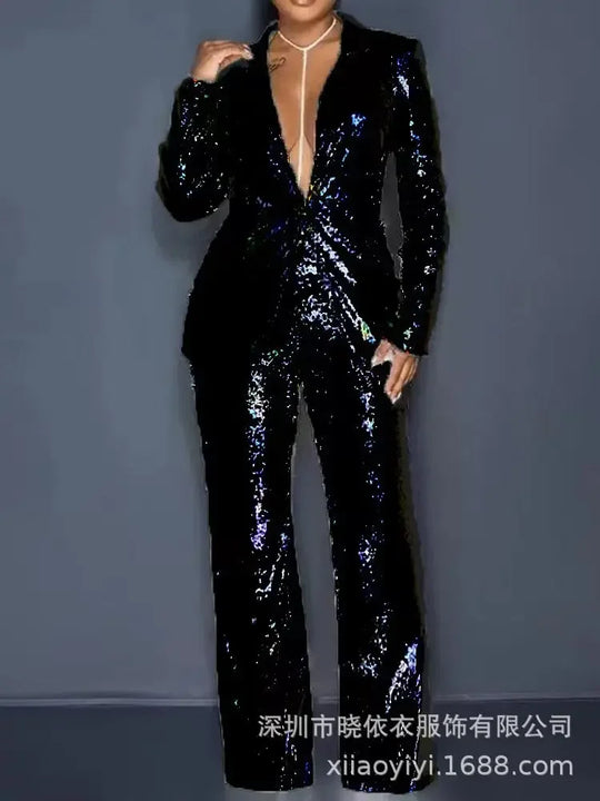 Women Two Piece Sets Sequin Blazer V Neck Full Sleeve Coats