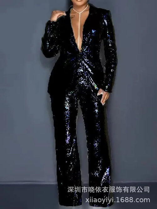 Women Two Piece Sets Sequin Blazer V Neck Full Sleeve Coats
