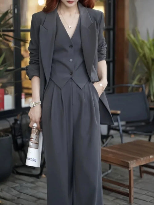 Korean Fashion Women Business Blazer 3 Pieces Set Elegant Casual