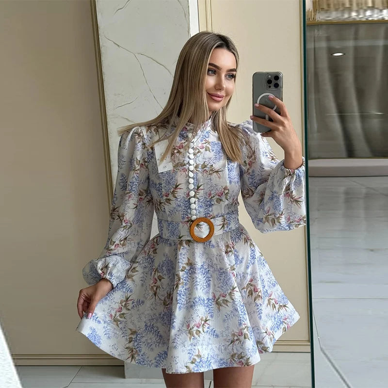 Elegant Women's Printed Dress Long Sleeve O-Neck Button Lady Dresses With Belt Summer Fashion Female Party Short Dress