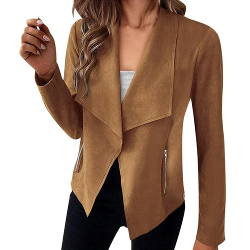 Women's Suit Jacket Solid Suede Lapel Zipper Pocket Office Commuting
