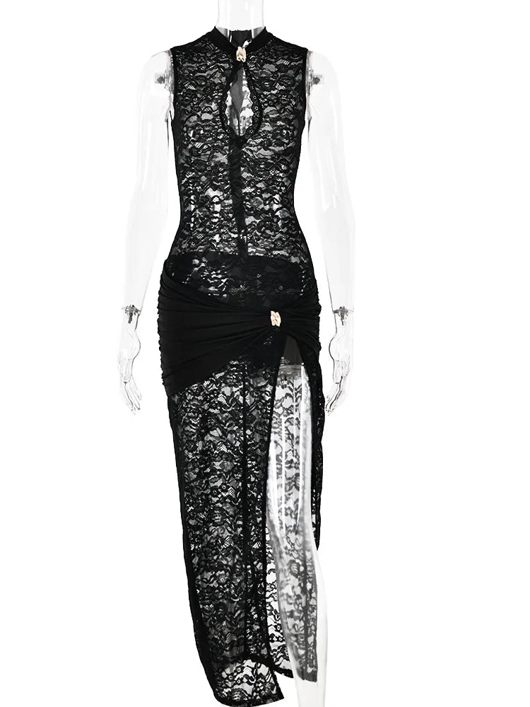 Fantoye Sexy Hollow Out High Slit Lace Women Maxi Dress Black See