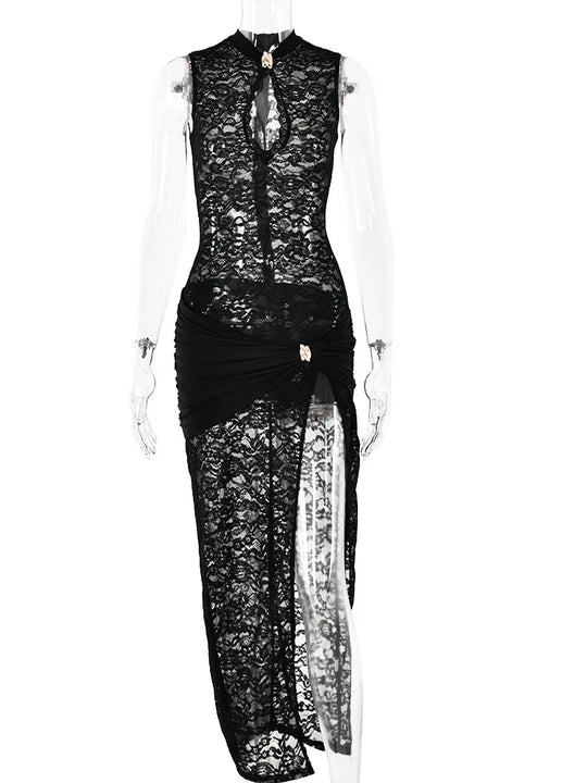 Fantoye Sexy Hollow Out High Slit Lace Women Maxi Dress Black See
