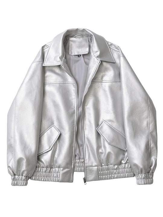 Ailegogo Streetwear Women Retro Loose Short Pu Faux Leather Jacket