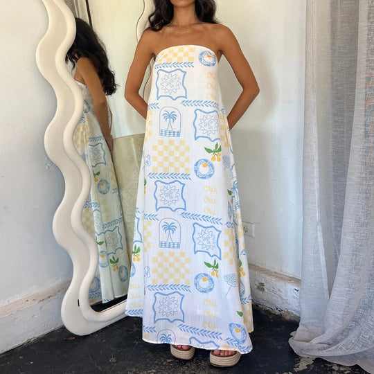 Beach Holiday Strapless Maxi Tube Dress Vintage Fruit Print Backless