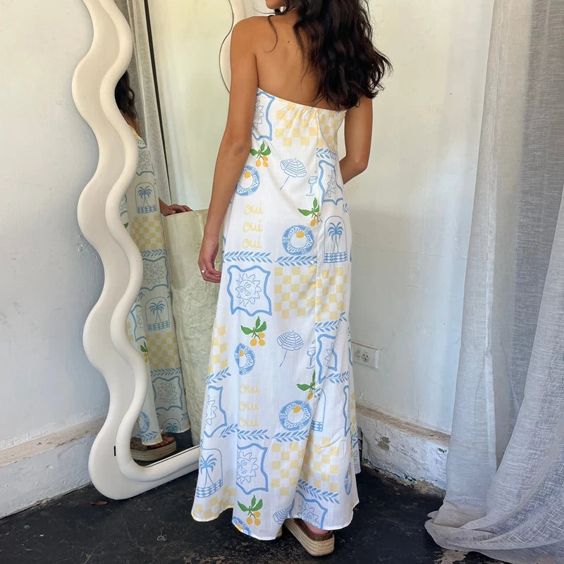 Beach Holiday Strapless Maxi Tube Dress Vintage Fruit Print Backless