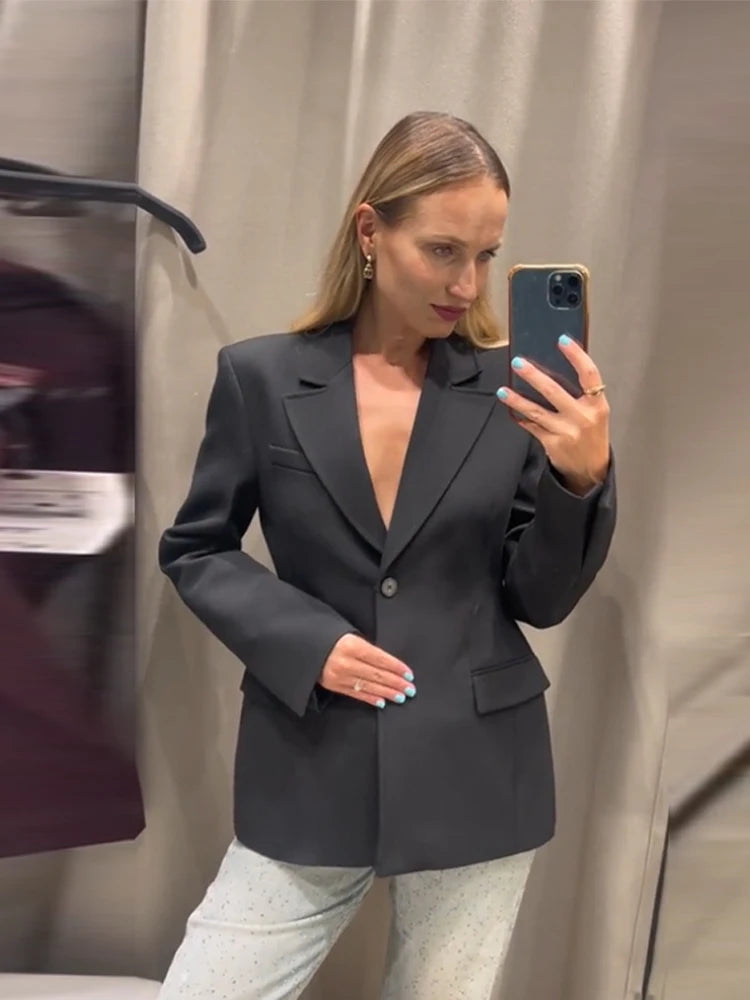 Elegant Shoulder Pad Slim Suit Jackets Women Solid Lapel Long Sleeved