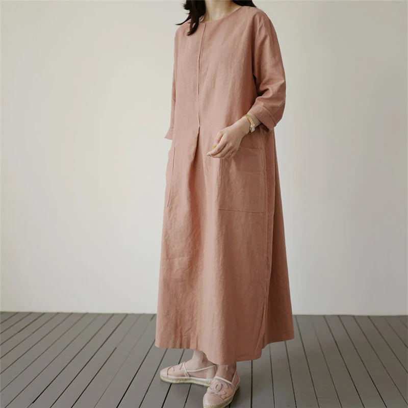 REALEFT 2024 New Cotton and Linen Women's Loose Long Dresses Pockets High Waist O-Neck Casual Straight Dress Female Summer