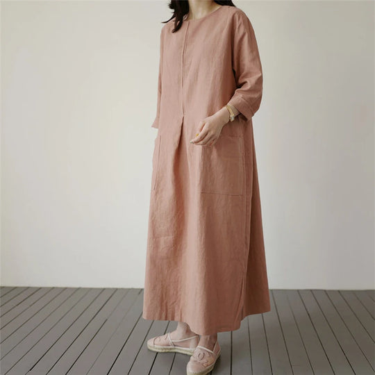 REALEFT 2024 New Cotton and Linen Women's Loose Long Dresses Pockets High Waist O-Neck Casual Straight Dress Female Summer