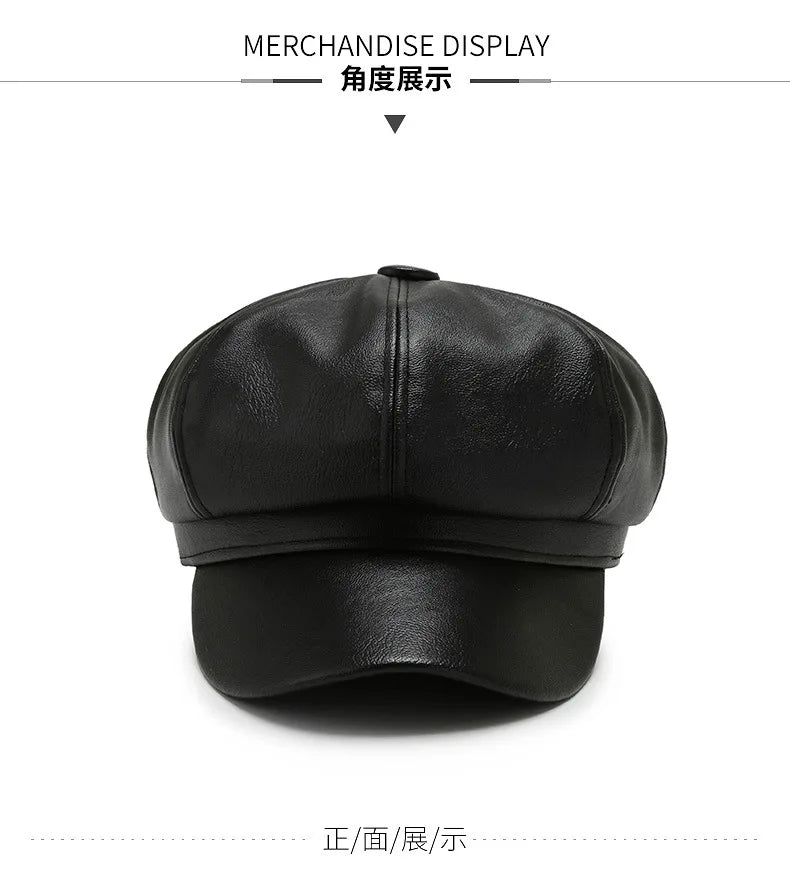 Women Men PU Leather Berets Hat Retro British Solid Beret Baseball Cap Outdoor Sun Hat Winter Warm Octagonal Hats Newsboy Caps