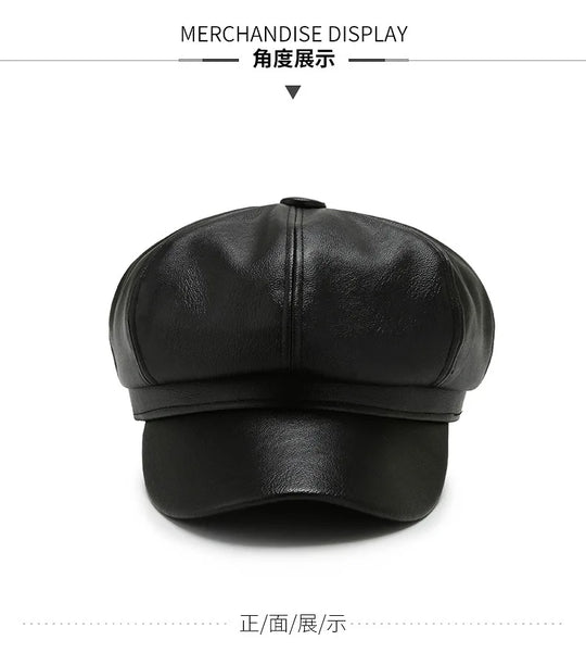Women Men PU Leather Berets Hat Retro British Solid Beret Baseball Cap Outdoor Sun Hat Winter Warm Octagonal Hats Newsboy Caps