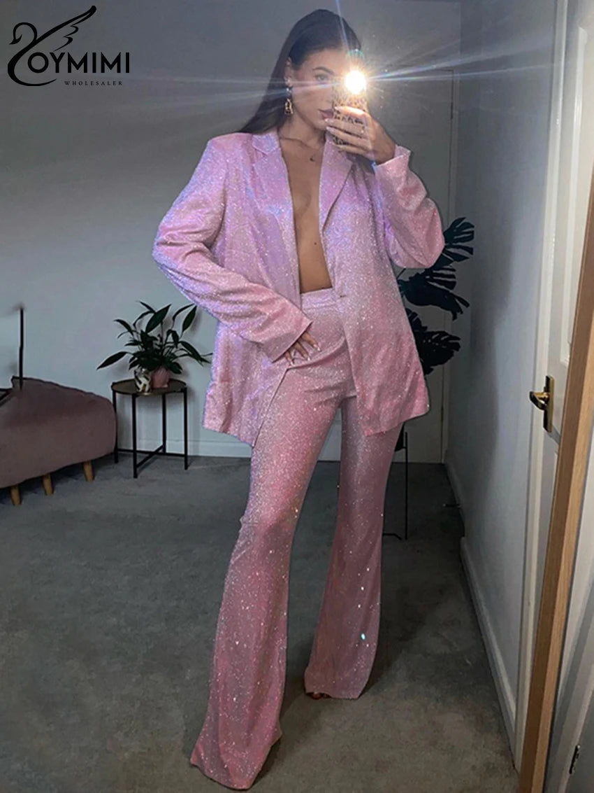 Oymimi Sexy Long Sleeve Blazer + Bra Womens 3 Piece Outfit Set Fashion