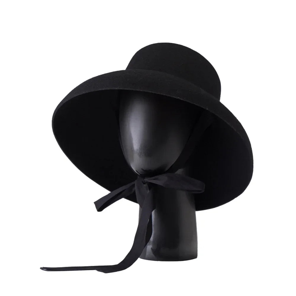 Vintage Elegant Autumn Winter Wool Felt Fedora Hat for Women Flat Top Wide Downturned Brim Hat with Tie Band Church Hat