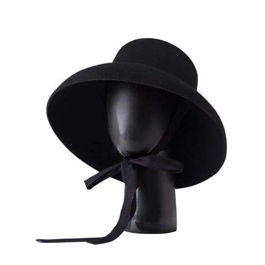 Vintage Elegant Autumn Winter Wool Felt Fedora Hat for Women Flat Top Wide Downturned Brim Hat with Tie Band Church Hat