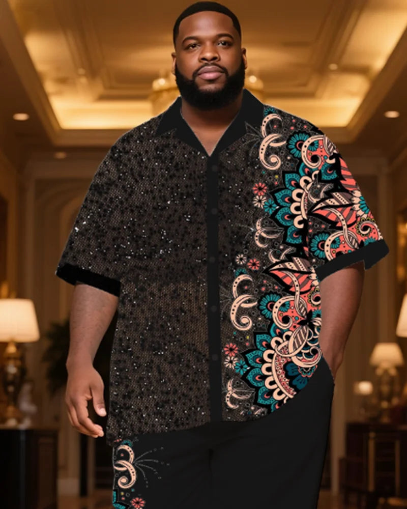 S-9XL Men's Large Size Sequined Floral Print Short Sleeve Shirt and Long Pants Two-Piece Set